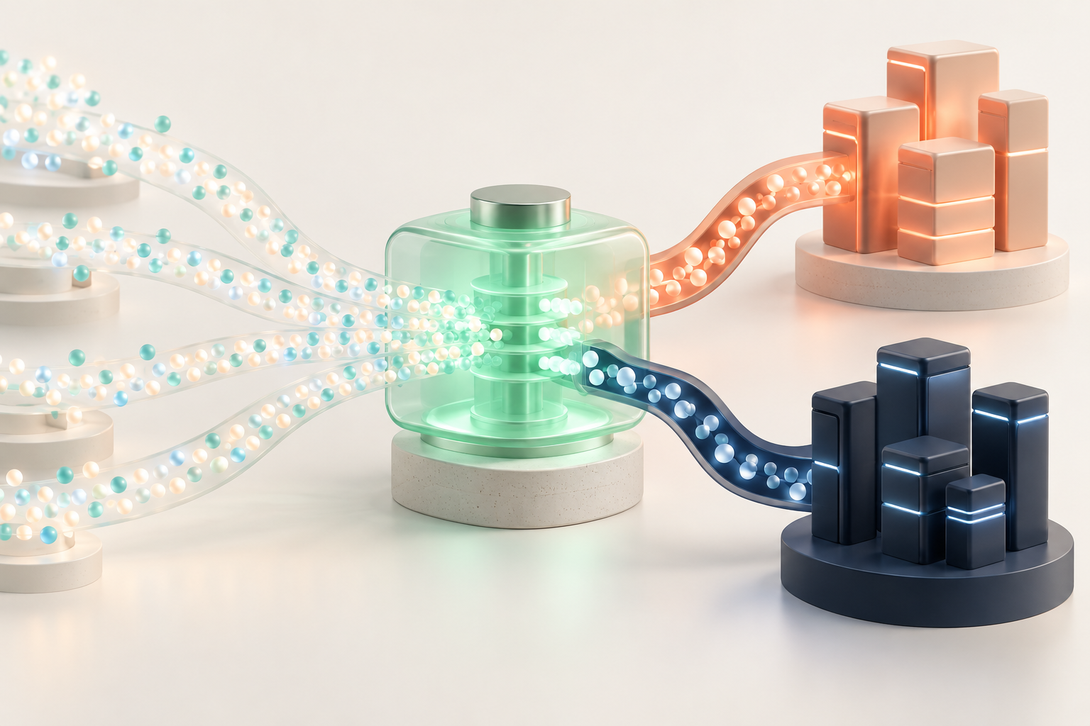 Premium 3D illustration of AI requests flowing through an efficient model-routing core