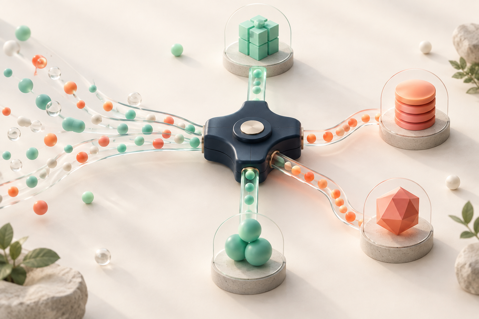 Premium 3D illustration of AI requests being routed to four purpose-fit model destinations